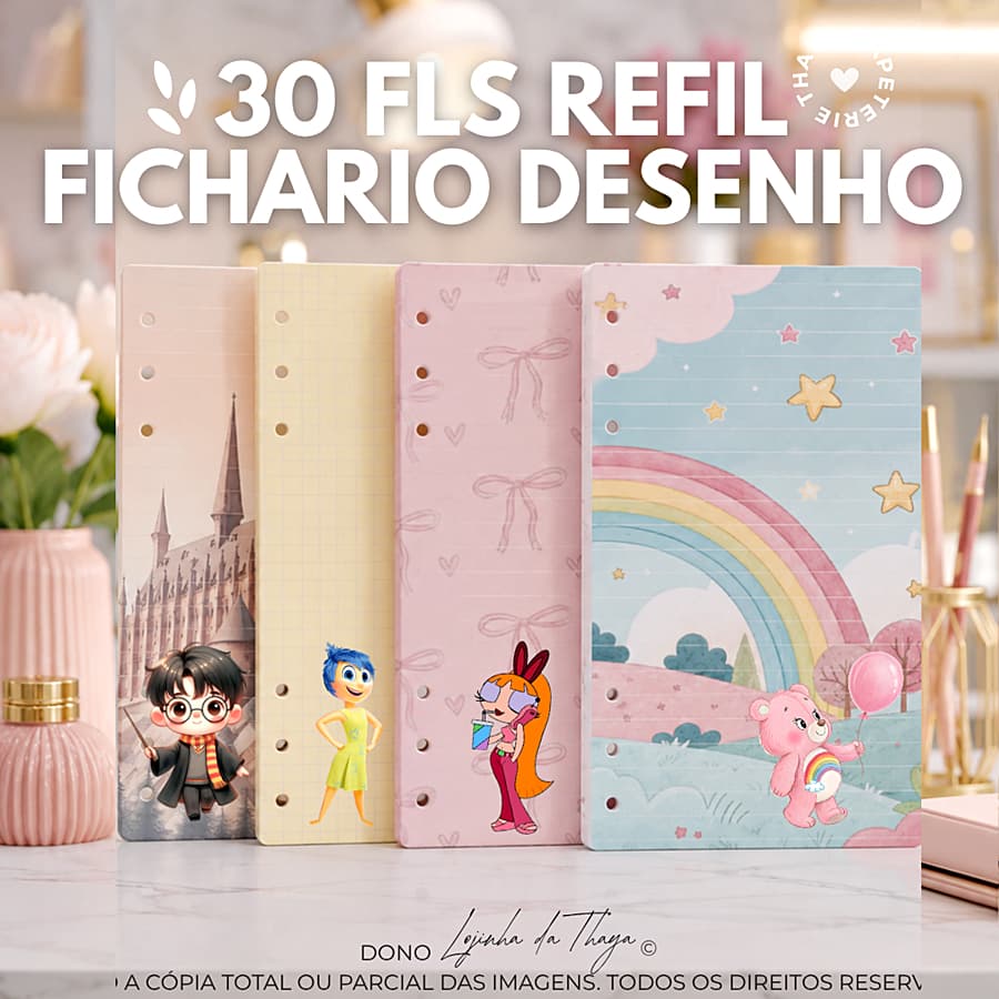 refil fichário binder 30 folhas desenhos de 90g