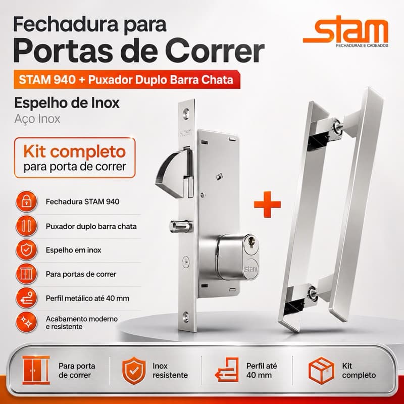 Fechadura para Portas de Correr STAM 940 Espelho de Inox + Puxador Duplo Barra Chata Aço Inox