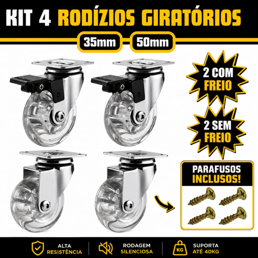 Kit Rodízio Giratório Rodinha em Gel Silicone Transparente Com Sem trava 35mm 50mm Parafuso De Brinde