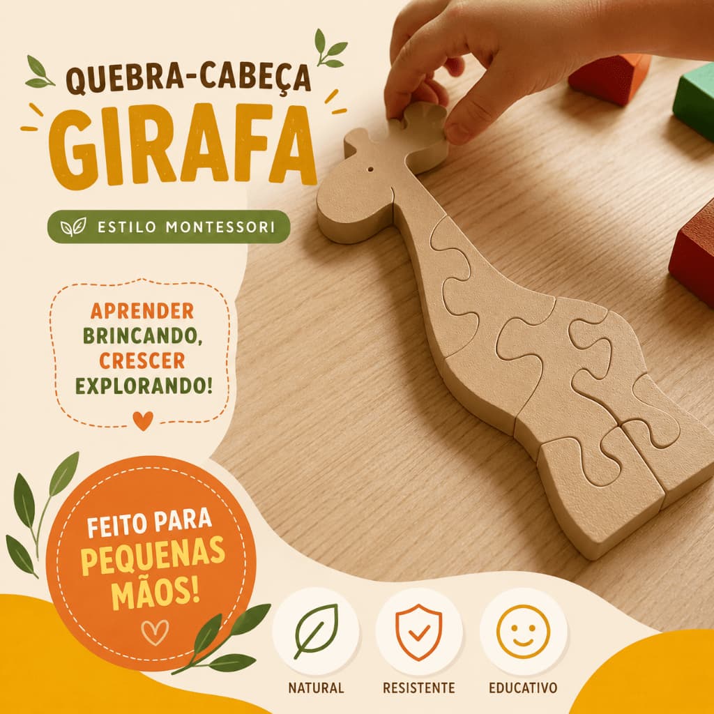 Quebra-Cabeça Montessori Girafa em | Brinquedo Educativo Infantil Coordenação Motora | Montessori