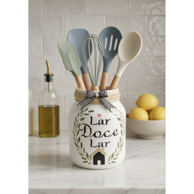 Porta Utensílios de Cozinha Pote de Vidro Decorativo Farmhouse Rústico/ Galo Welcome