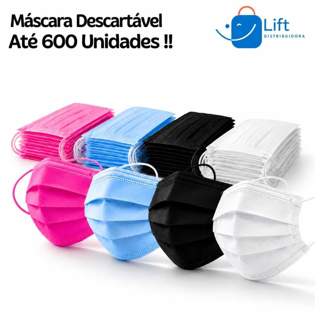 KIT 150 a 600 Máscara Descartável Tripla Camada c/ Clipe Nasal | TAM. Adulto - Diversas Cores