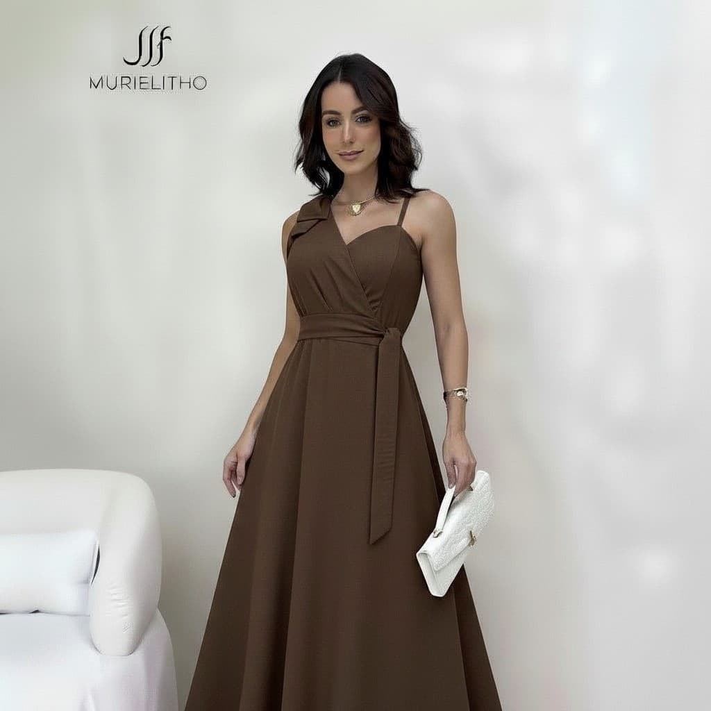 Vestido longo com laço no ombro, alça única regulável, cinto, forro e bojo | Casamento, festa e casual.