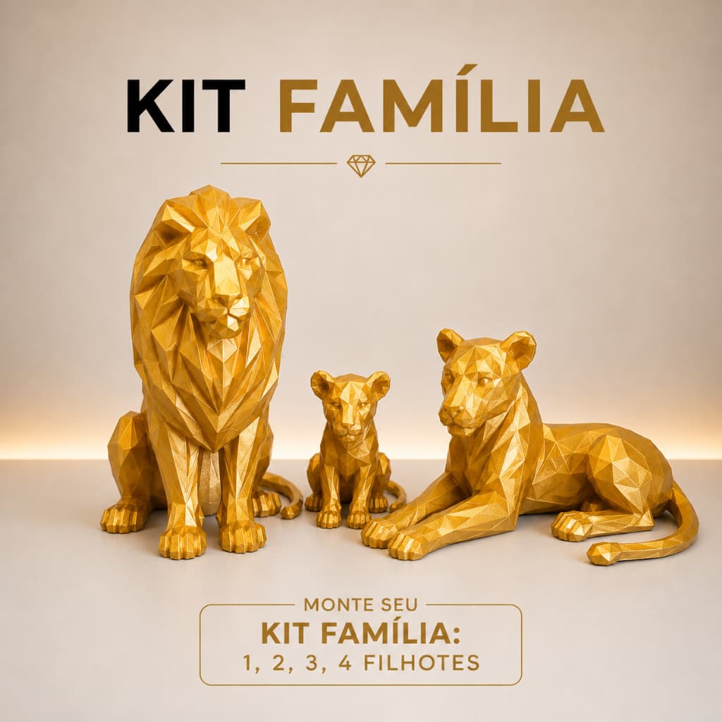 Kit Família Leões Decorativos Premium | Casal e Filhotes Geométricos Modernos