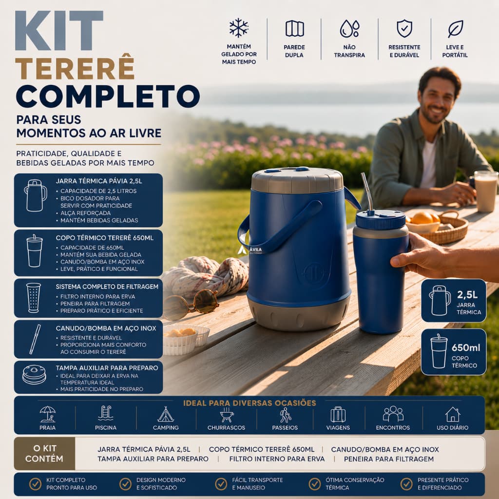 Kit Tererê Completo Copo Térmico 650mL Garrafa Térmica 2,5 Litros e Canudo Bomba Cuia De Inox Unitermi