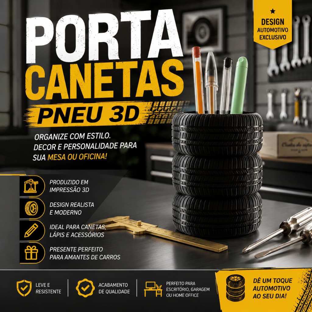 🚗 PORTA CANETAS/LAPÍS PNEU 3D – ESTILO AUTOMOTIVO PARA SUA MESA!
