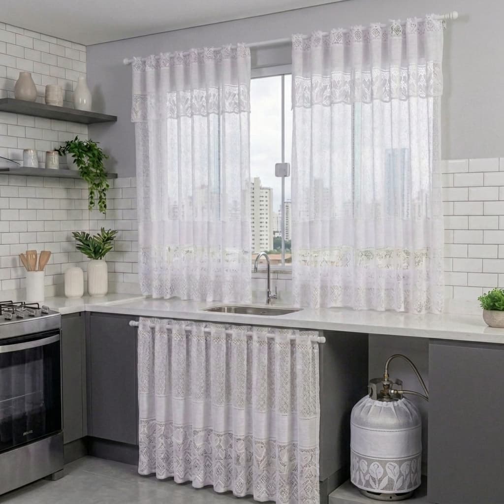 Kit Cortinas de Cozinha Cortina Janela 1,20x2,20m - Cort Pia 0,80x1,50m + Capa de Botijão Decoração Tulipa Branca