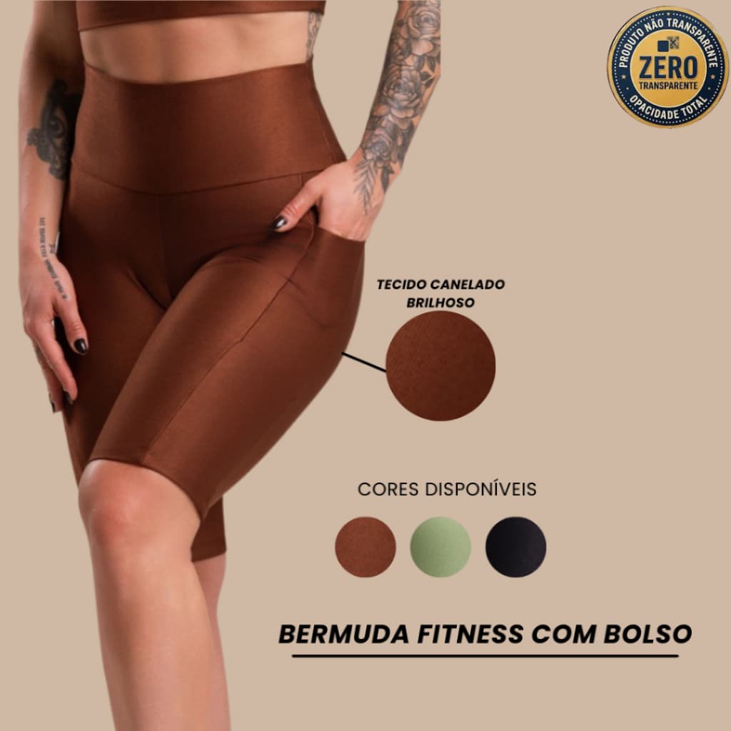 Bermuda Fitness Feminina Canelado Brilhoso Academia Ciclista Com Bolso Cós Alto Brilho Esportiva RIQ Modas