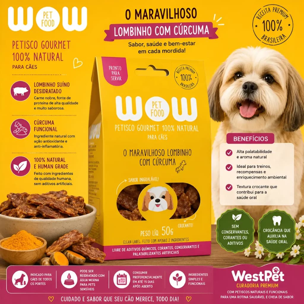 Petisco Natural Para Cachorro Wow Lombinho Com Cúrcuma Desidratado 50g
