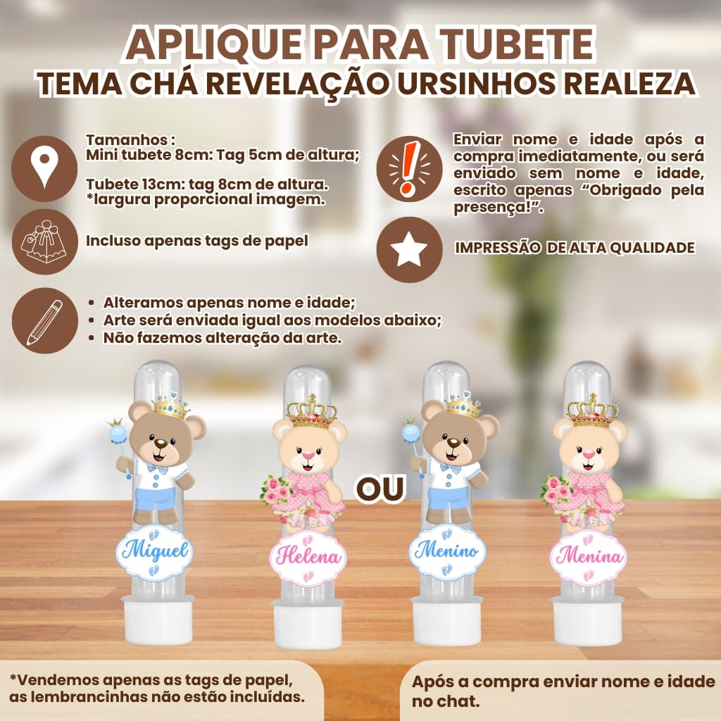 Apliques para Mini Tubete 8cm ou Tubete 13cm 3d Tema chá revelação ursinhos azul e rosa|Tag Personalizado Nome e Idade