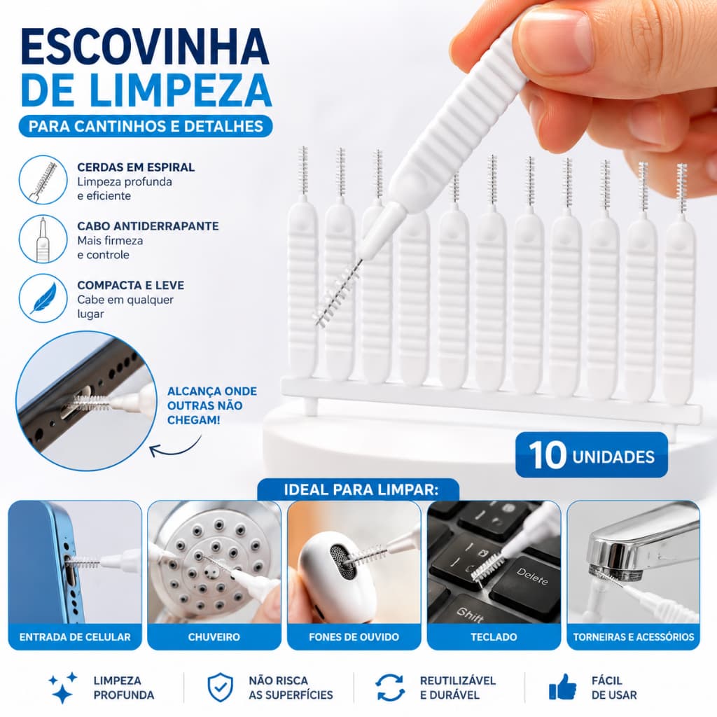 10 Unidades Micro Escova de Nylon 6cm - Limpeza de Celular