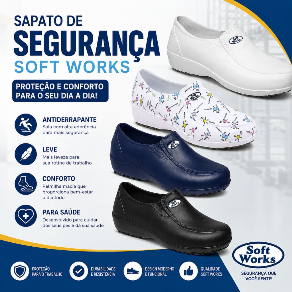 Sapato Profissional de Segurança Epi Bb95 Antiderrapante Ca40932 Hospitalar Soft Work