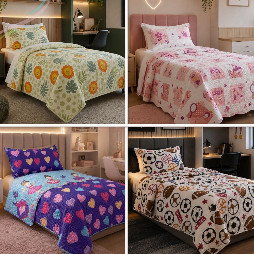 Kit Colcha cobre leito e Porta travesseiro Kids Solteiro Dupla face - Tecido Matelado de Luxo
