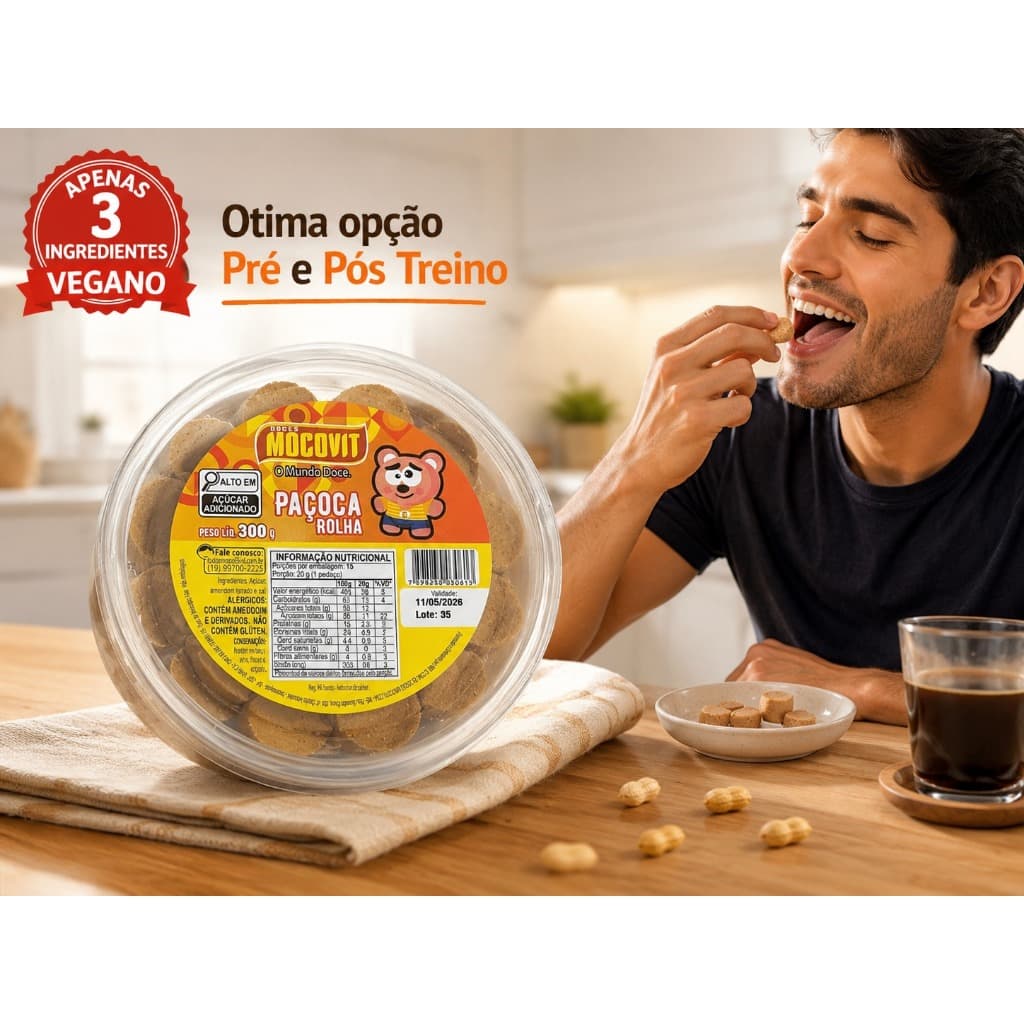 Paçoca Rolha Caseira Natural Doce de amendoim Paçoquinha Rolha Pote 300g Tradicional Caseiro Fit Mocovit