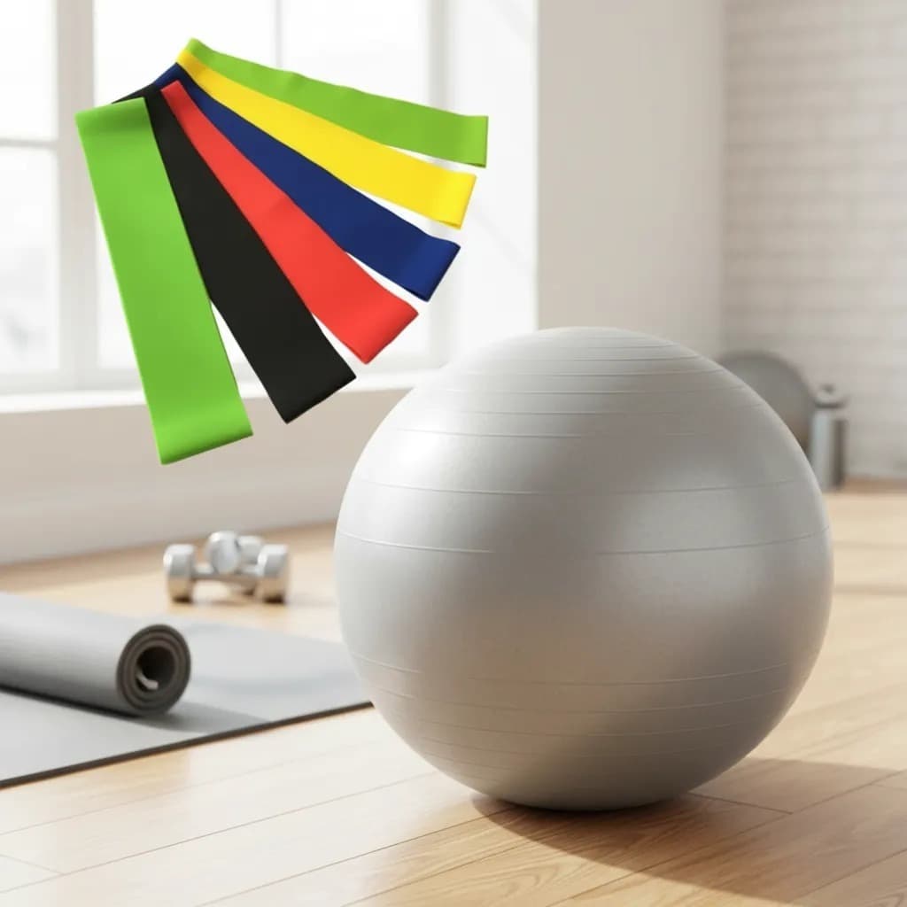 Bola de Pilates Yoga Fitness 65cm Exercícios Abdominal Ginástica + 5 Mini Band Faixa Elástica Academia Musculação Treino