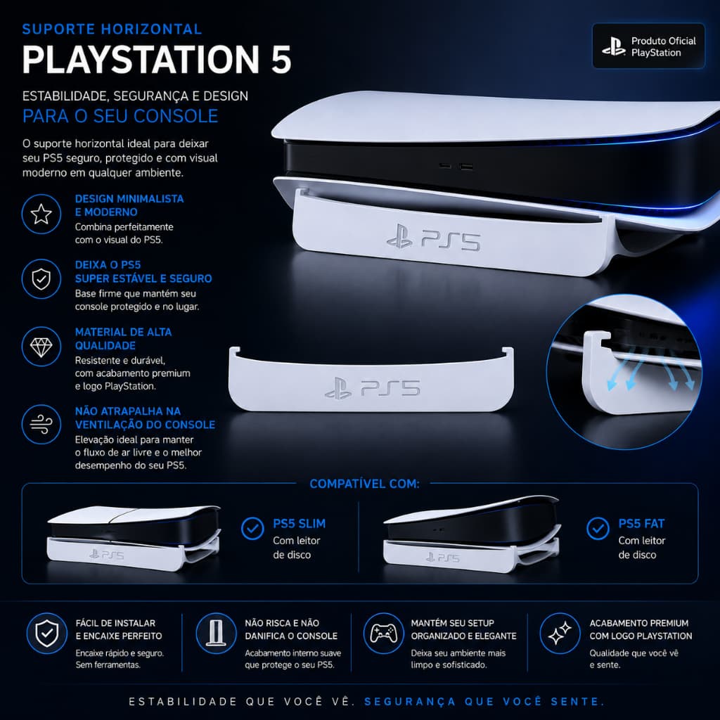 Base Horizontal para PS5 Slim / Fat - Suporte de Apoio para PlayStation 5 Branco e Preto