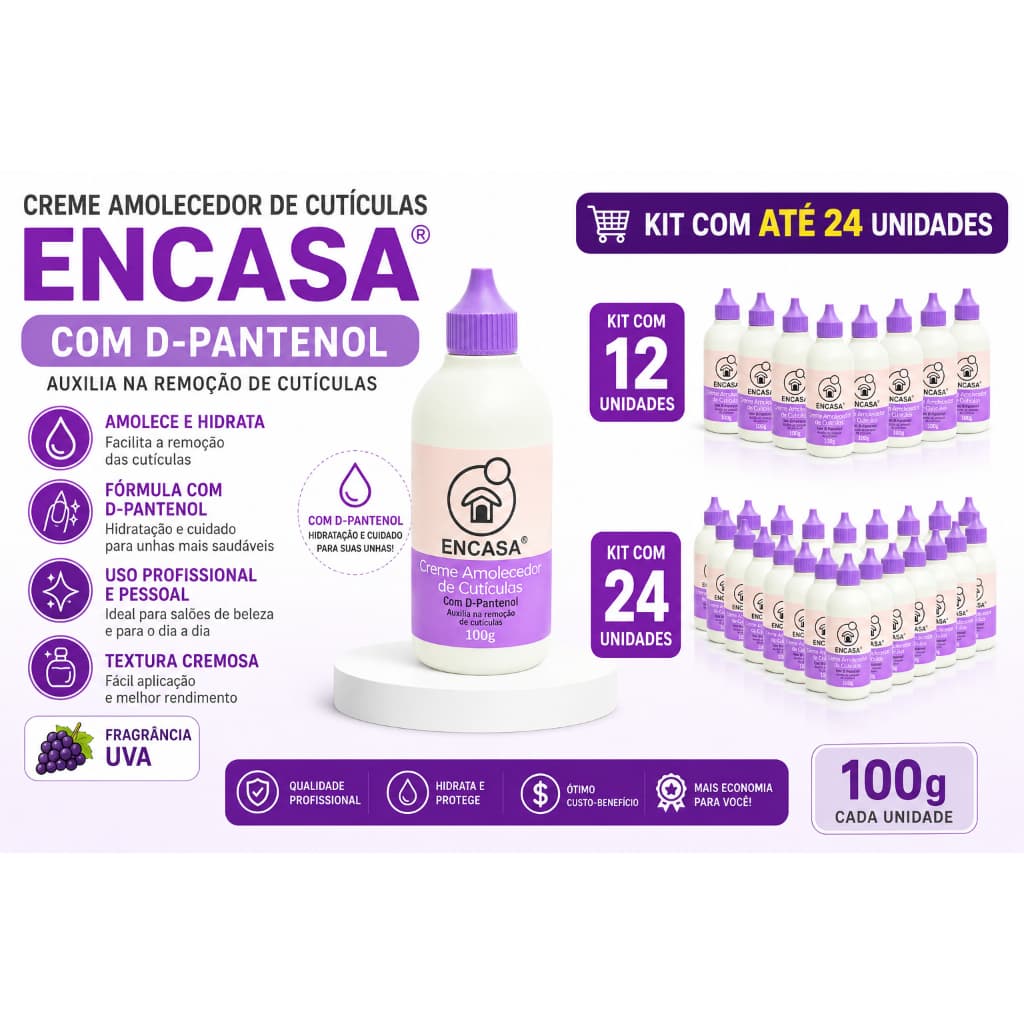 Creme Amolecedor de Cutículas 100g D-Pantenol Hidratante Profissional Kit 12 ou 24 Unidades Encasa