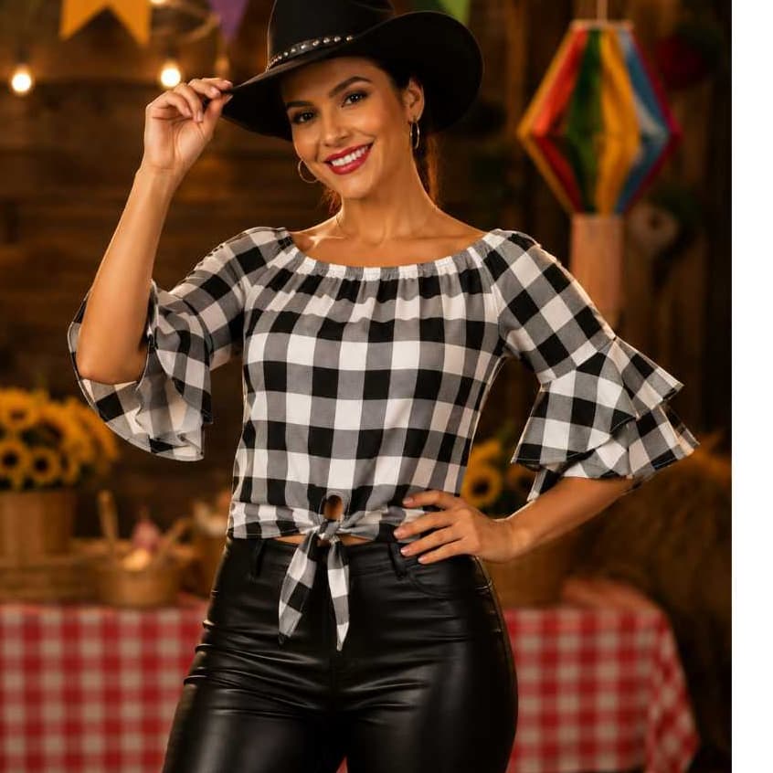BLUSA CAMISA XADREZ FEMININA OMBRO A OMBRO PARA FESTA JUNINA COM LAÇO FRONTAL E BABADO NAS MANGAS