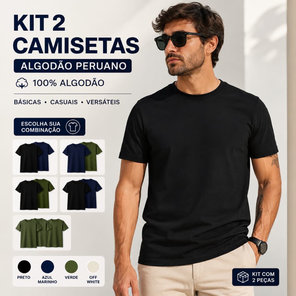 Kit 2 Camiseta Cotton Masculina Lisa 100% Algodão Casual Premium