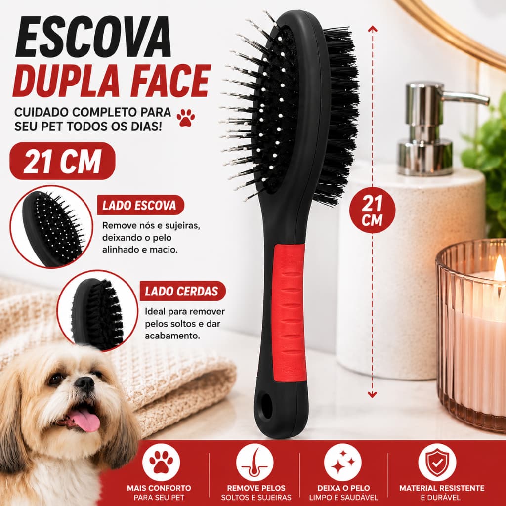 Escova Dupla Desembaraçar e pentear Pelos Cães e Gatos, 21 cm, Cabo Emborrachado