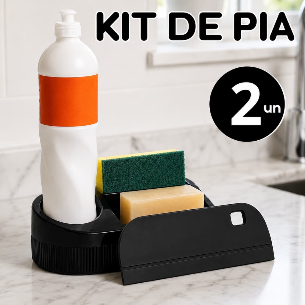 Porta Detergente e Rodo Rodinho Kit 2 peças Preto Compacto – Organizador de Pia Prático e Higiênico