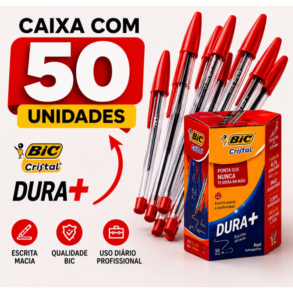 Caneta Bic Cristal Vermelha Cx 50 un 1.0 mm Ponta Media Transparente Original Bic