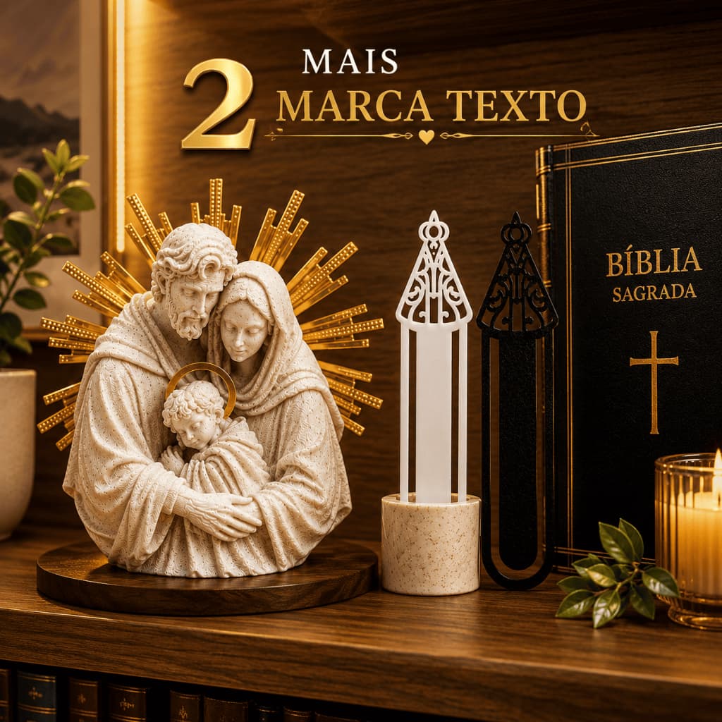 Imagem Sagrada Fámilia  Dourada e Marmorizada, com Marca Página de Nossa Senhora Aparecida, Bíblia, livros, cadernos