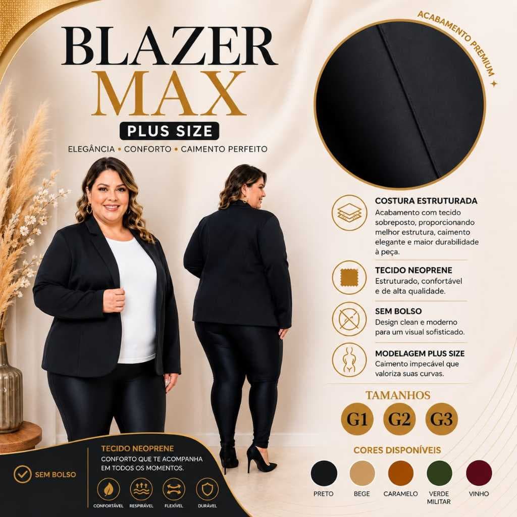 Blazer Max Plus Size Feminino Neoprene Sem Bolso Costura Diferenciada | Terno Elegante e Confortável