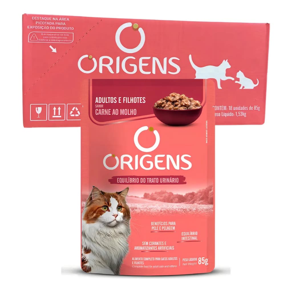 Sachê Origens Gatos Carne 85g Caixa 18 Unidades Original