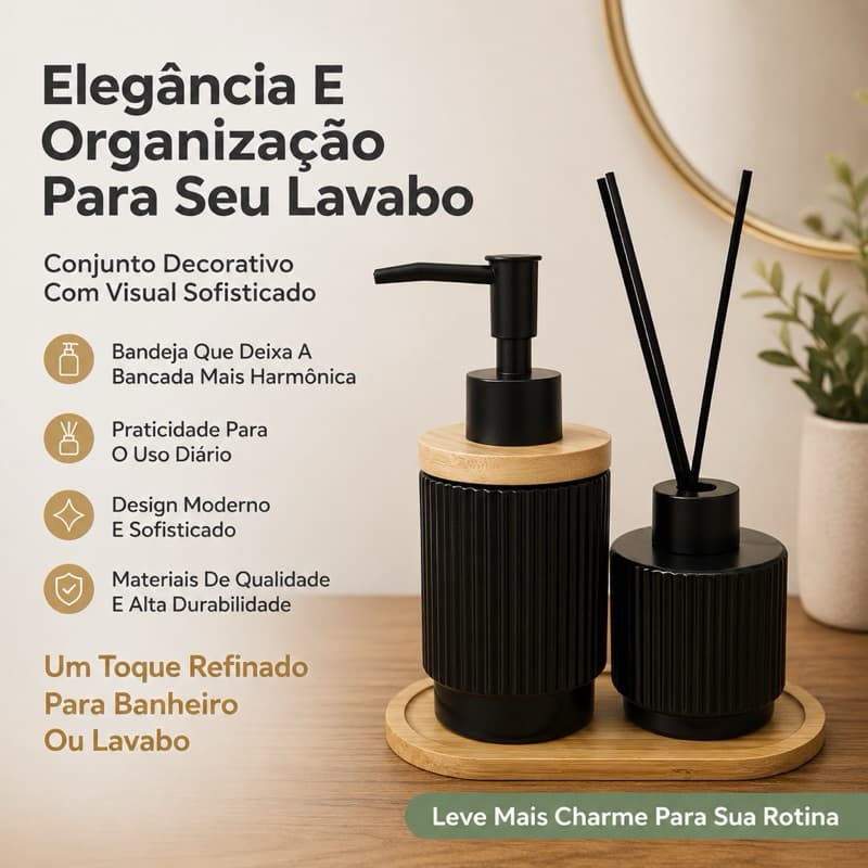 Kit Banheiro Premium Conjunto Lavabo Saboneteira + Frasco Difusor + Bandeja 3 Peças