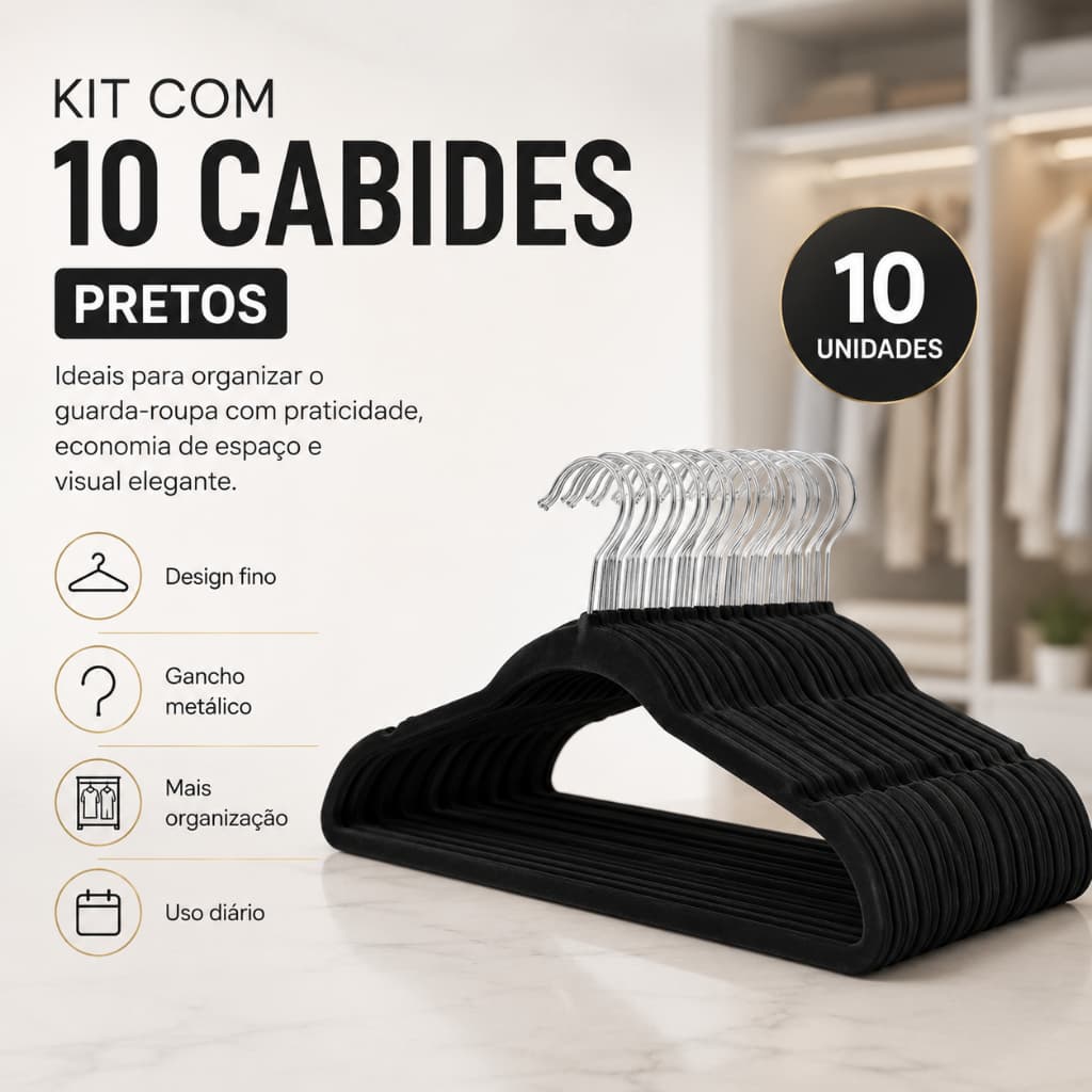 Kit 5 10 Cabides Slim Veludo Antideslizante Bege Preto Organizador Roupa Armario