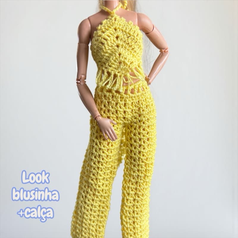 KIT EXCLUSIVO ROUPINHAS EM CROCHÊ BEGE PARA BONECA 30CM – calça + Top  ROUPINHA BONECA
