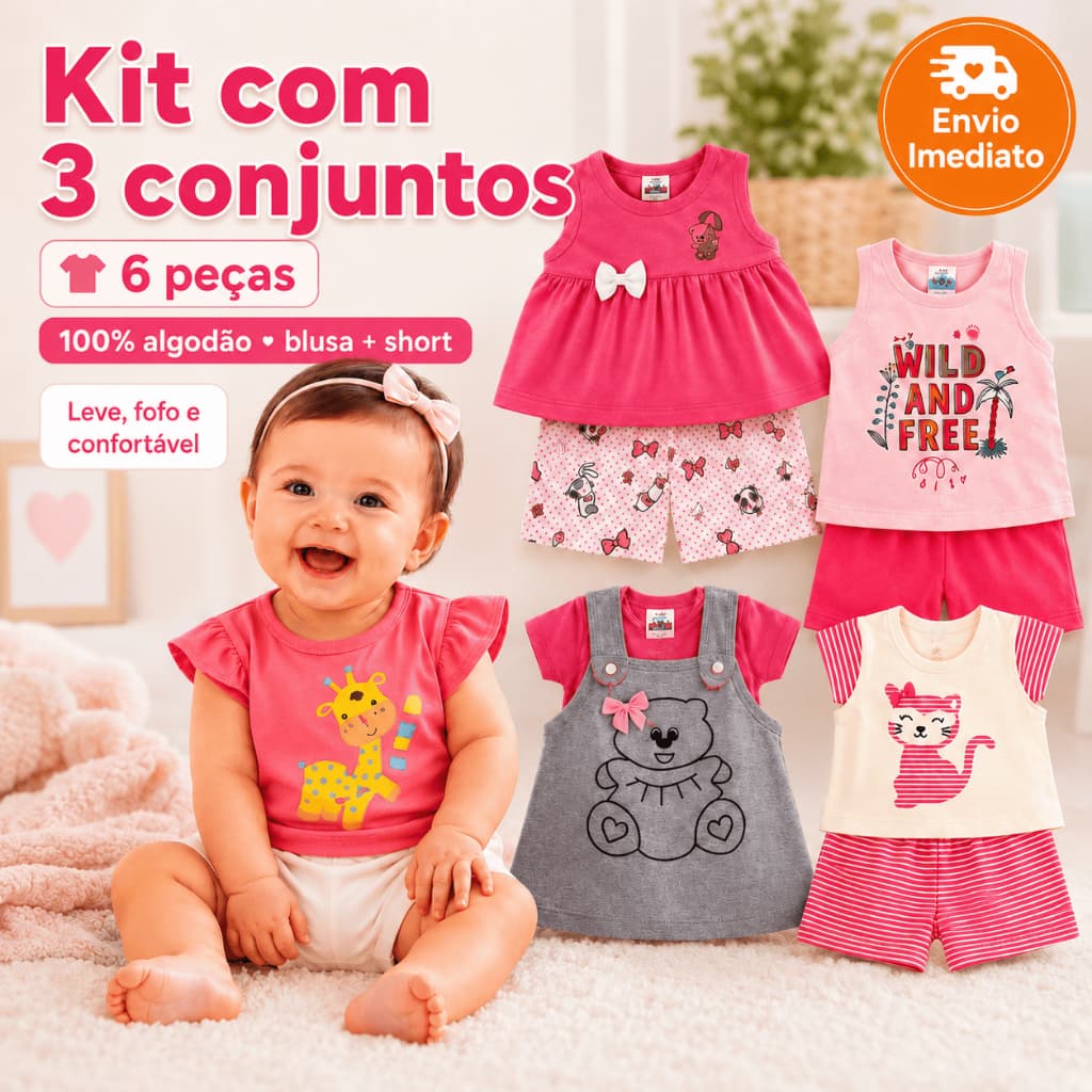 Kit 3 Conjuntos Menina Bebê Infantil Peças de Roupas Verão Infantil Fashion Short Blusa 100% Algodão