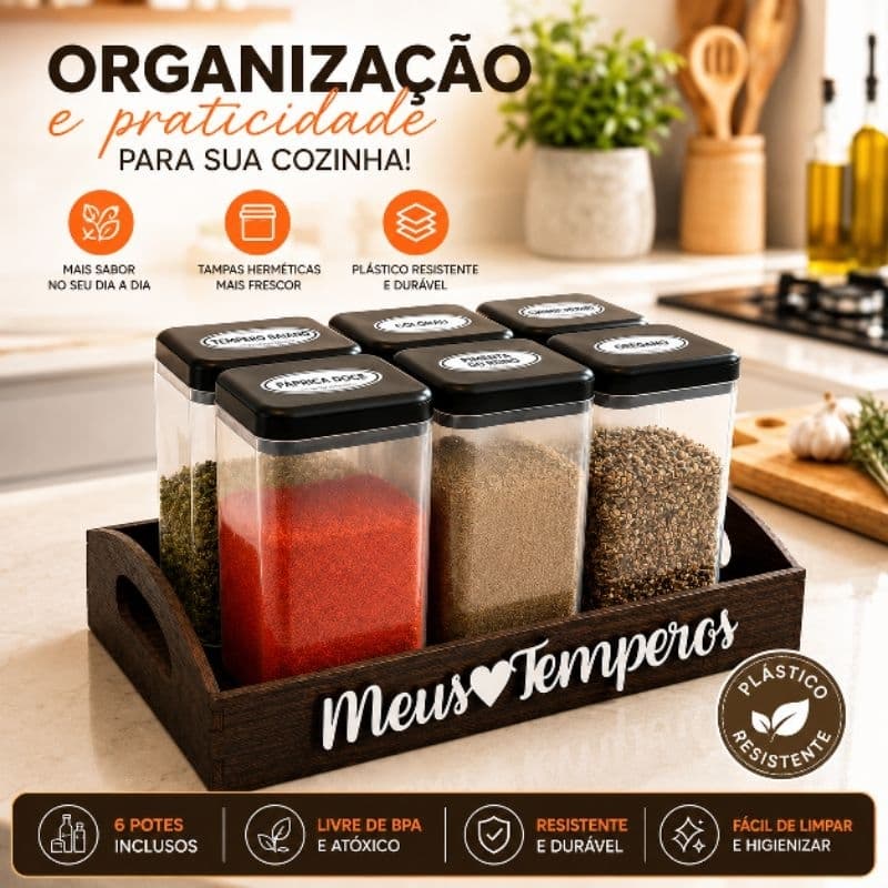 Bandeja Porta Temperos em MDF Pintado com 6 Potes Porta Condimentos para Mesa ou Bancada + Adesivos