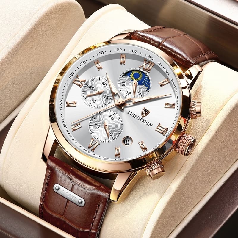 Relógio masculino com pulseira de couro fashion à prova d'água relógio de pulso esportivo de quartzo