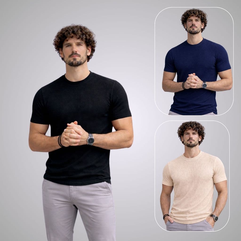 Kit 3 Camisetas Texturizadas Básica Camisa Premium Textura Canelada Masculina