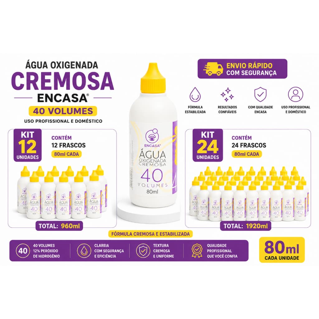 Água Oxigenada Cremosa 40 Volumes 80ml Coloração Descoloração Kit até 24 Unidades Encasa Profissional