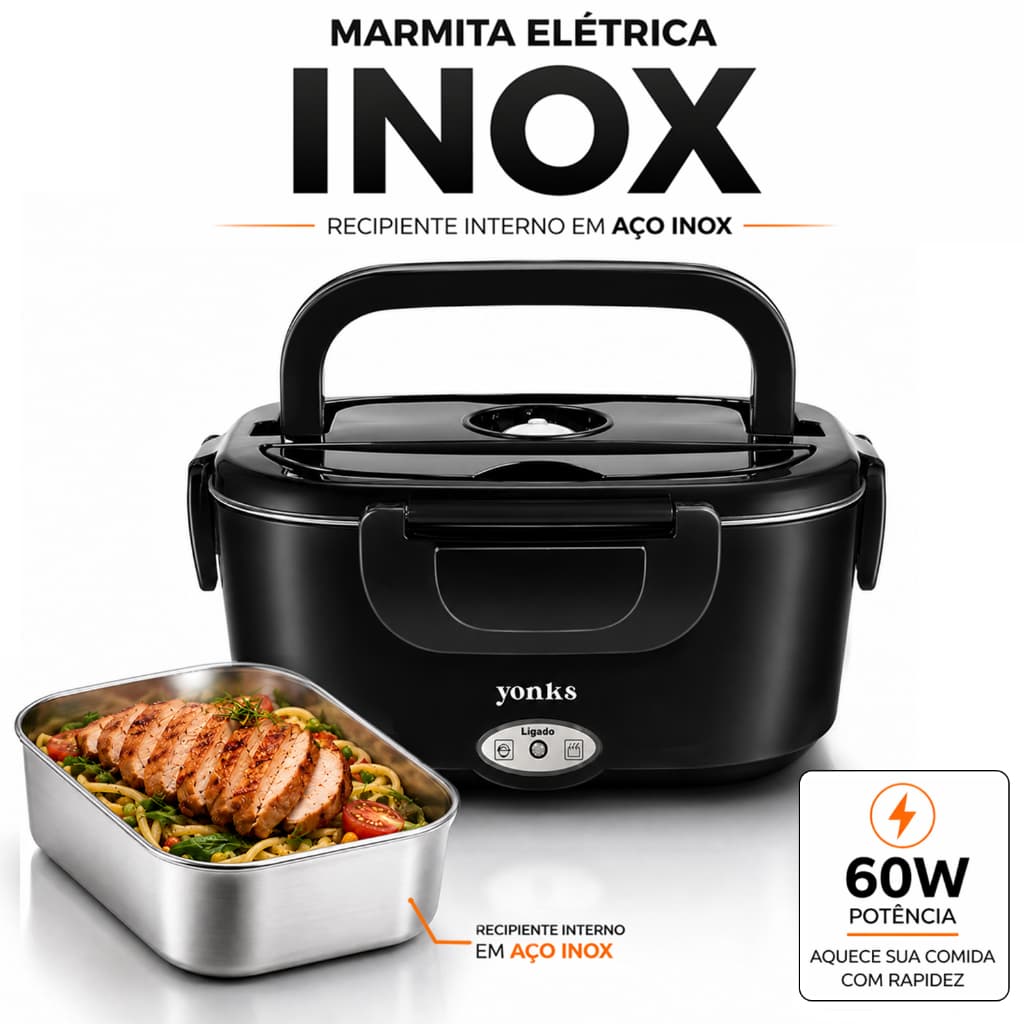 Marmita Elétrica Inox Yonks 60W 1.5L Bivolt Veicular 12v 24v e Residencial 110v 220v - Preta