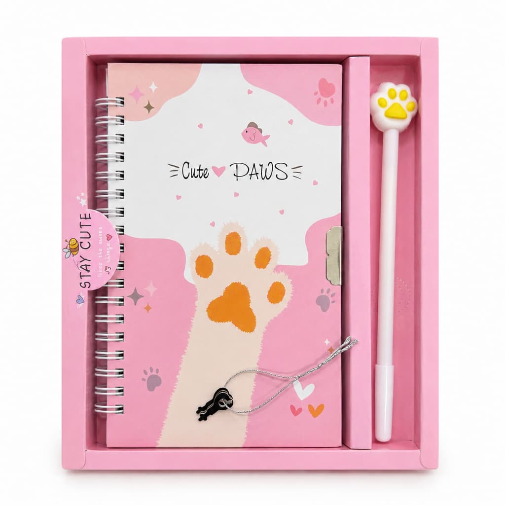 Kit de Diário gatinho com caneta de patinha - SkyPaper - Acompanha 2 chaves - Presente meninas