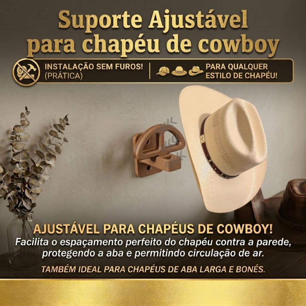 Gancho/Expositor de Chapéu Cowboy Suporte Ajustável, Porta Chapéu para Coleção, Vitrine e Decoração