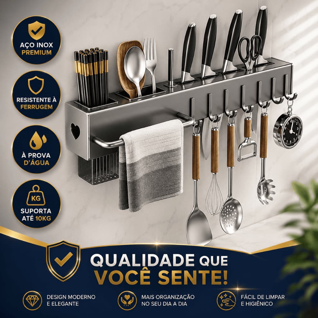 Suporte Facas Utensílios Cozinha 40/50cm com Ganchos Porta Talheres Organizador Parede