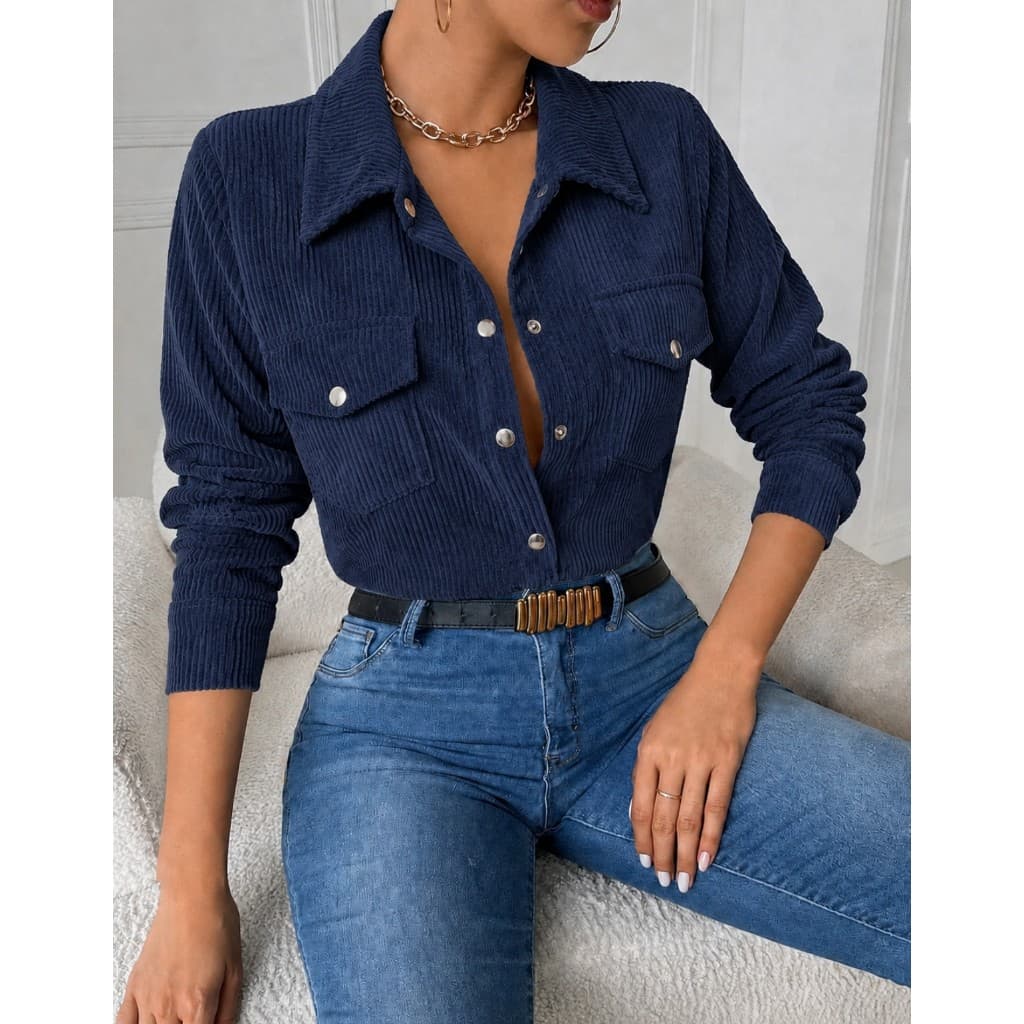 Camisa Feminina Veludo Cotelê Manga Longa Botões Moda Casual Inverno