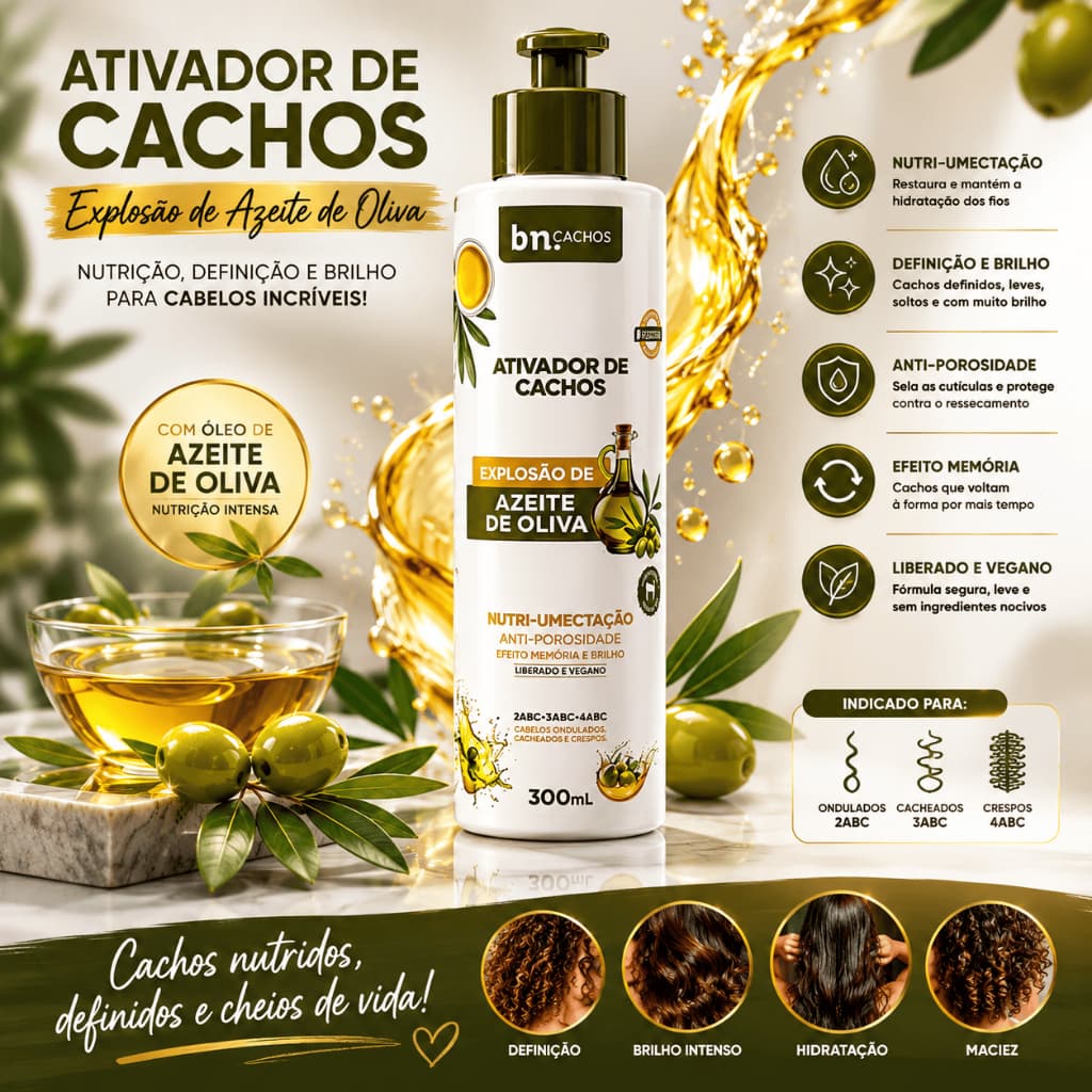 Ativador de Cachos e Crespos Beleza Natural bn.Cachos Explosão de Azeite de Oliva 300ml Definição Proteção Térmica Day A