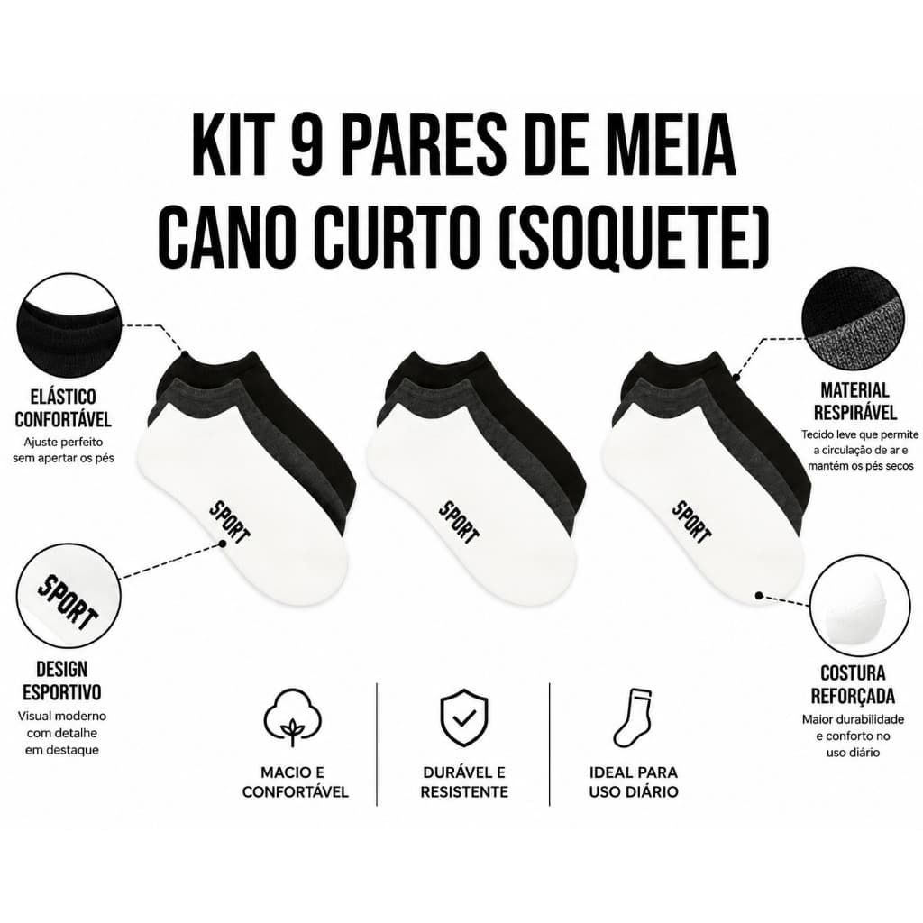 Kit 9 Pares de Meia Cano Curto Soquete Cano Baixo Sapatilha Invisível