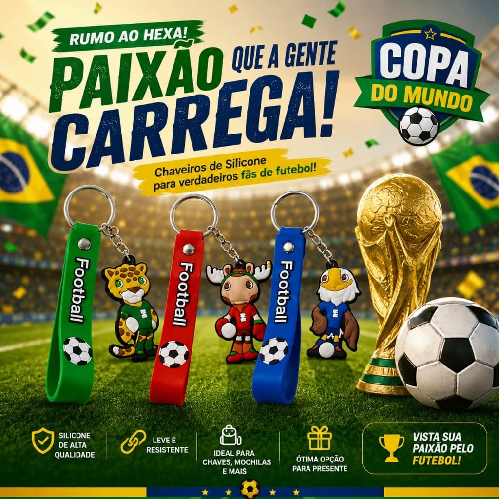 Kit 3 Chaveiros Mascotes da Copa do Mundo FIFA 2026 Lembrancinha Emborrachado Clutch Maple Zayu