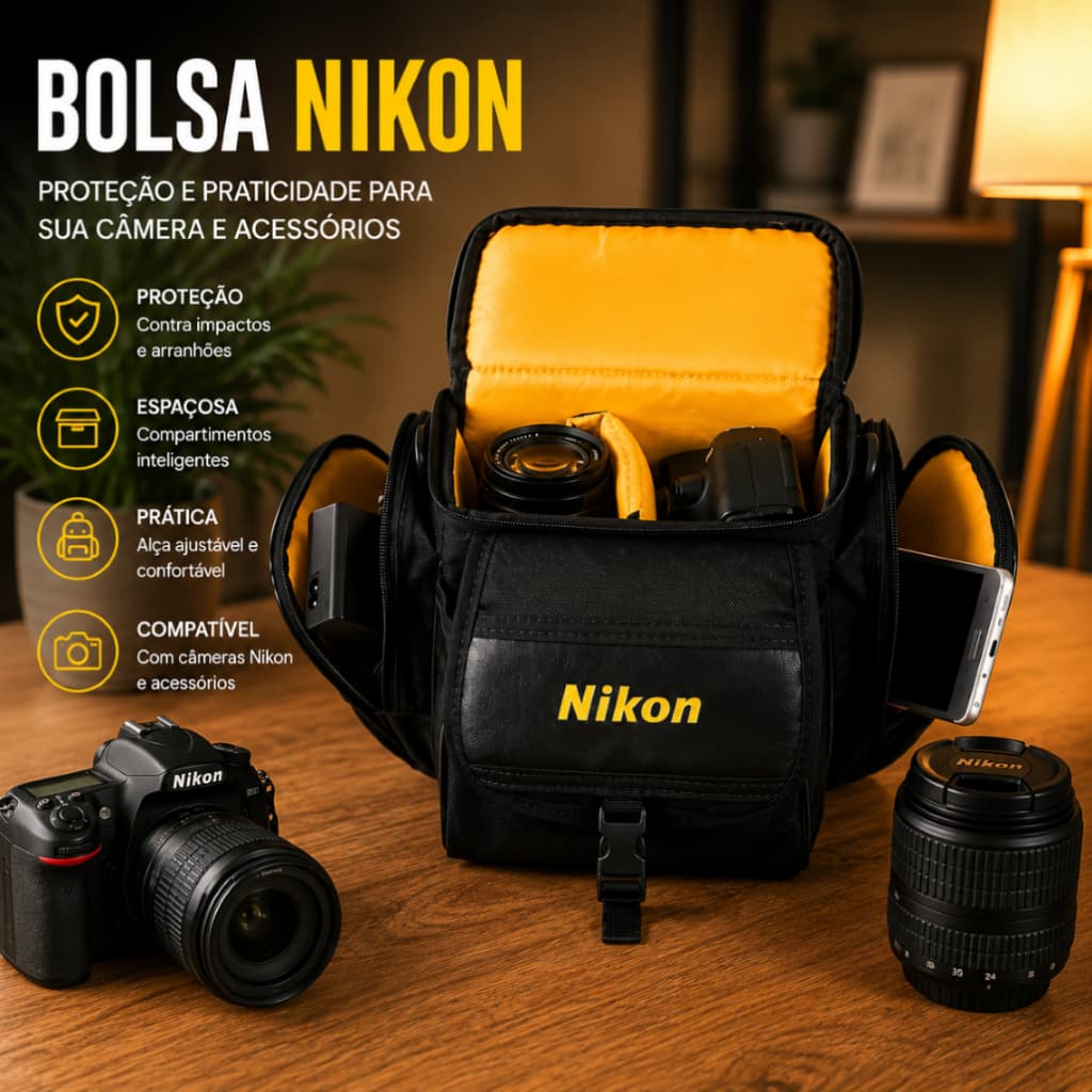 Bolsa Case Bag Para Câmera Fotográfica Nikon e Acessórios Semi Impermeável Câmera DSLR D7000, D3200, D5300, D5200