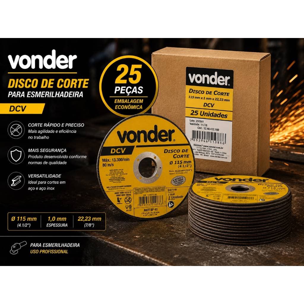 Disco de Corte Vonder DCV 115mm Extra Fino para Cortes Precisos em Metal