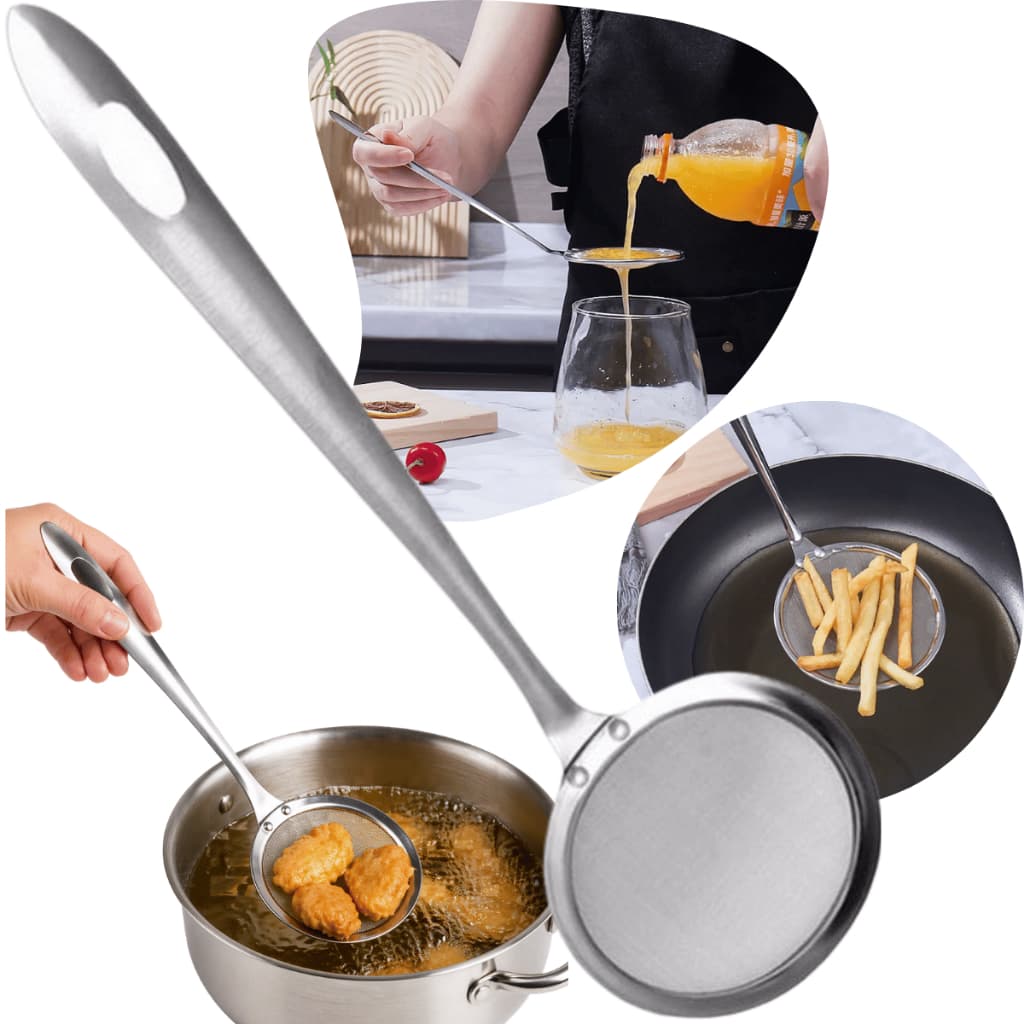 Escumadeira Tipo Peneira em Inox Tela Fina para Fritura Coar Óleo Remover Resíduos Uso Cozinha
