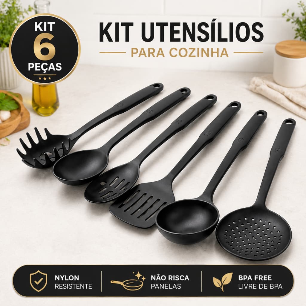 Kit Utensílios de Cozinha 6 Peças Nylon Preto Concha Espátula Não Risca Panelas Antiaderentes