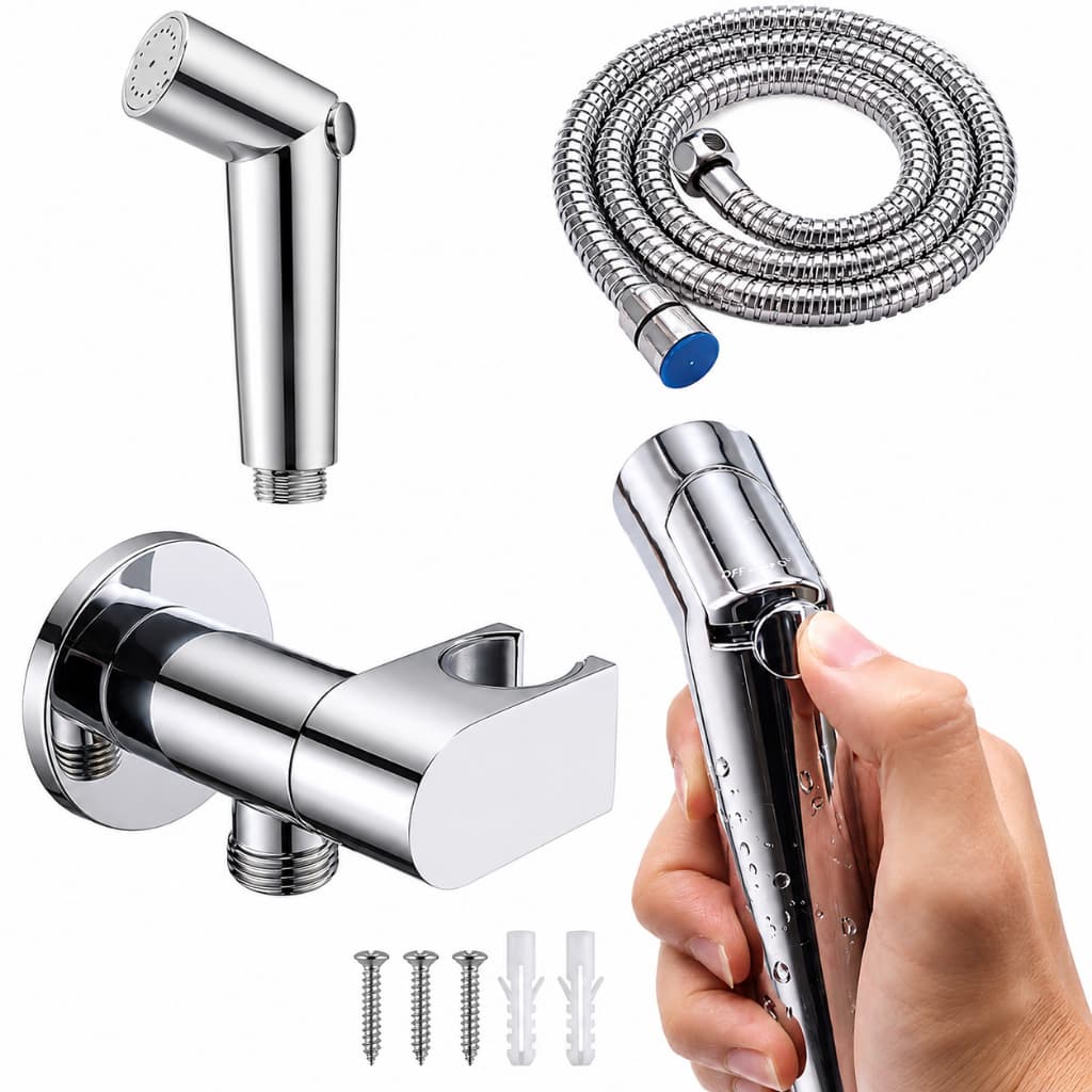 Kit Ducha Higiênica Completa Luxo Registro e Mangueira 1,20m, Acabamento Escovado Prata Montagem Parede Suporte Moderno